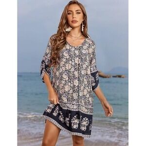 artsy black‎ blue boho vacation floral fairy travel beach S western midi Dress